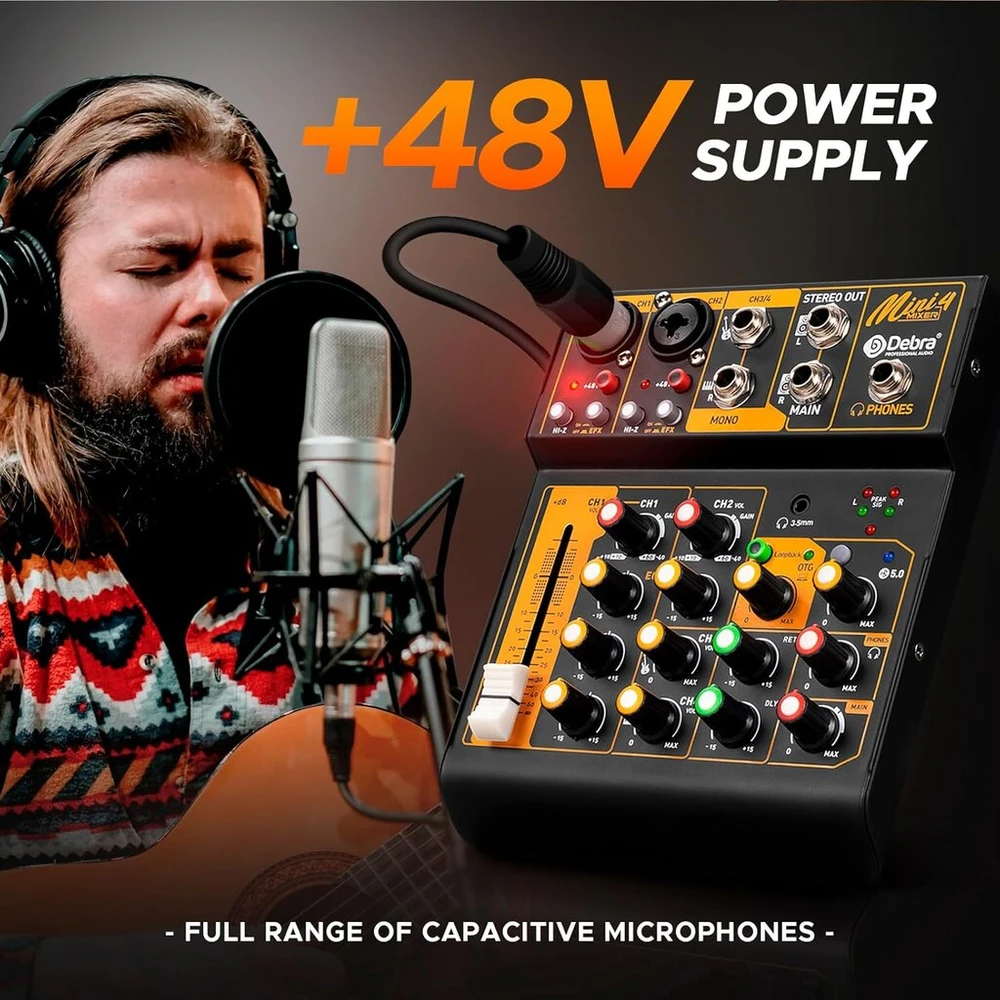 Stiprintuvas Mini4 profesionalus garso mikšeris transliacijoms, 4 kanalų garso mikšeris ir 48 V fantominis maitinimas, bluetooth podcast'ų mikšeriui, gyvam pasirodymui, įrašymui, dj, pc