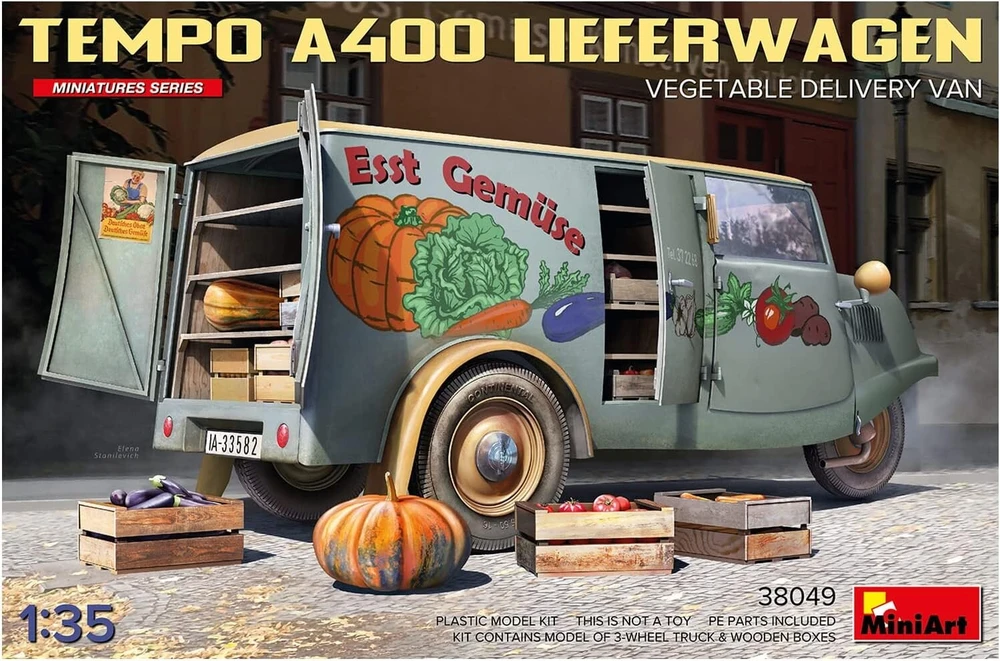 Miniart 38049 1:35 Tempo A400 Van Vegetable Shop - tiksli kopija, modeliavimas, plastikinis rinkinys, sunkvežimio rinkinys, automobilio rinkinys, rinkinys suaugusiems