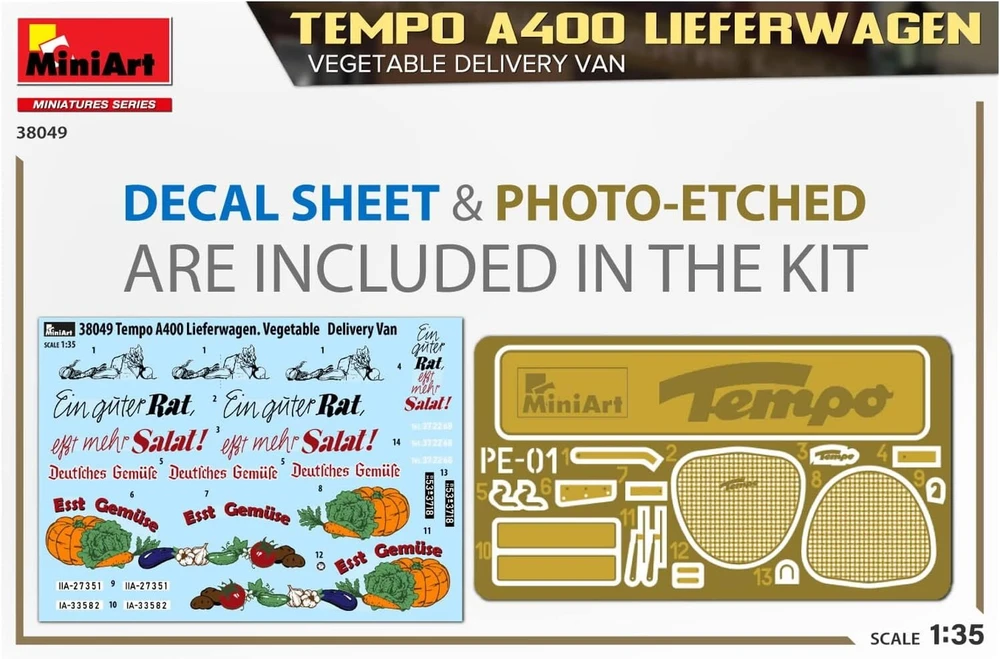 Miniart 38049 1:35 Tempo A400 Van Vegetable Shop - tiksli kopija, modeliavimas, plastikinis rinkinys, sunkvežimio rinkinys, automobilio rinkinys, rinkinys suaugusiems