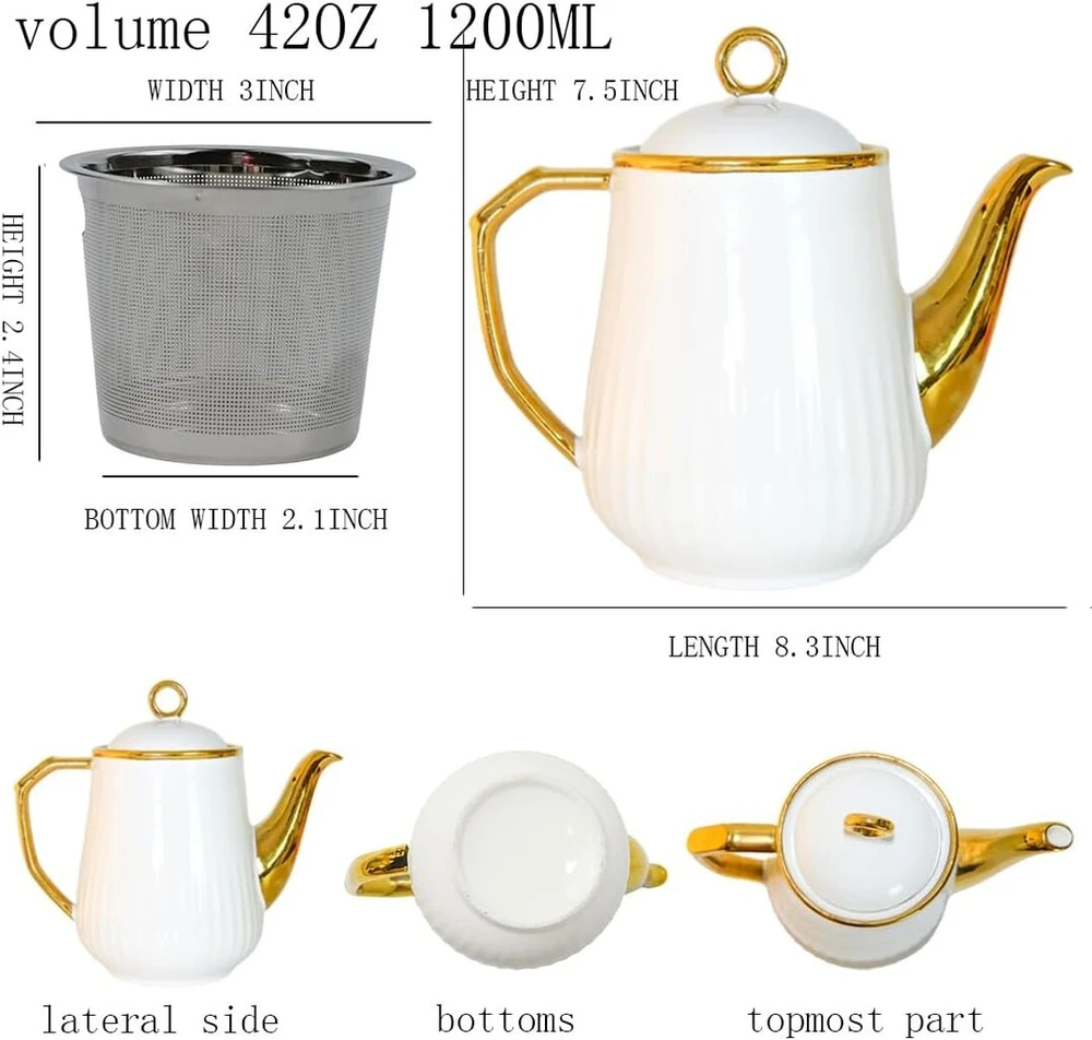 Minimalistinis porceliano arbatinukas su aukso detalėmis, 1050 ml