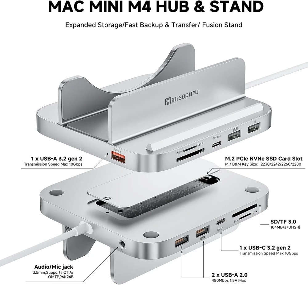 Minisopuru Iexpandmate Mini218b Pro Mac mini M4 dokas su 10 gbps usb c/a, tf/sd, usb a 2.0, mac mini hub'as ir stovas su m.2 nvme ssd (nepridedamas), skirtas mac mini m4 ir m4 pro 2024