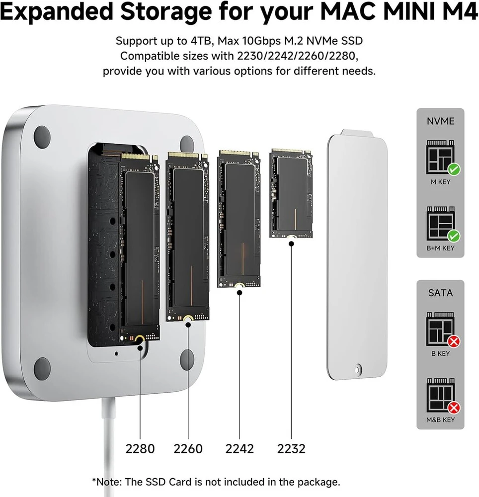 Minisopuru Iexpandmate Mini218b Pro Mac mini M4 dokas su 10 gbps usb c/a, tf/sd, usb a 2.0, mac mini hub'as ir stovas su m.2 nvme ssd (nepridedamas), skirtas mac mini m4 ir m4 pro 2024