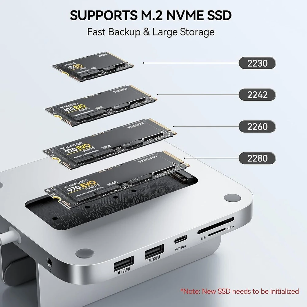Minisopuru patobulintas mac mini dokas palaiko 10 gbps usb c/a, tf ir sd, audio lizdą, mac mini hub ir stovas su m.2 nvme ssd (nepridedamas), skirtas mac mini m2/m1 (netinka mac mini m4)
