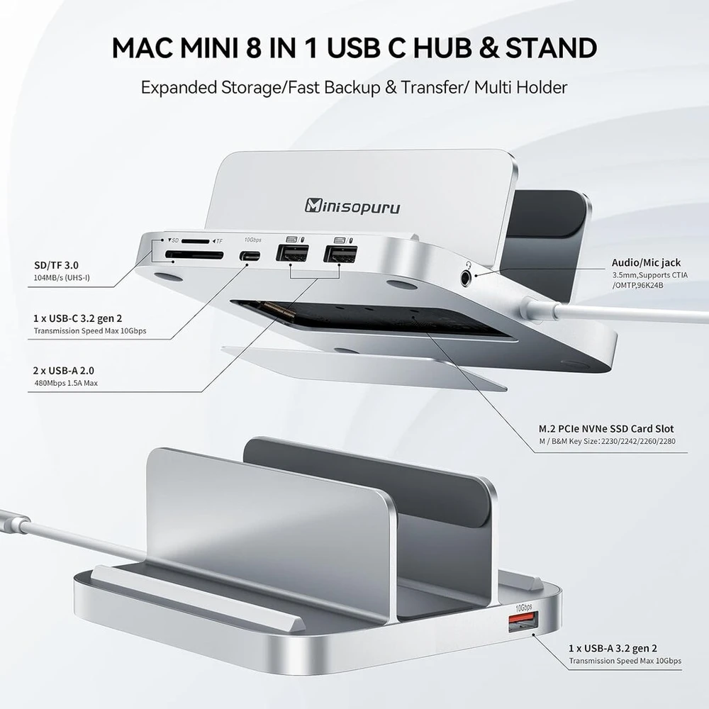 Minisopuru patobulintas mac mini dokas palaiko 10 gbps usb c/a, tf ir sd, audio lizdą, mac mini hub ir stovas su m.2 nvme ssd (nepridedamas), skirtas mac mini m2/m1 (netinka mac mini m4)