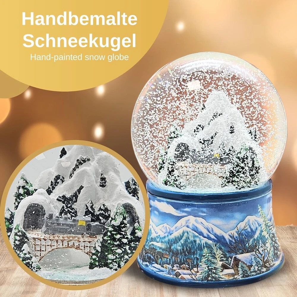 Minium Collection sniego gaublys žiemos kalėdų kalnų peizažas su tiltu, pagrindas – žiemos peizažas šviesiai mėlynas, su muzikos dėžute, aukštis 14 cm, plotis 10 cm, purtomas kamuolys 20256