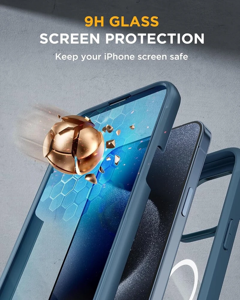 Miracase 360° dėklas, skirtas iphone 15 pro max (6,7 colio), magnetinis su įmontuotu stikliniu ekrano ir kameros apsaugos elementu, visiška apsauga, mobiliojo telefono dėklas, atsparus smūgiams, apsauginiai dangteliai, mėlynas