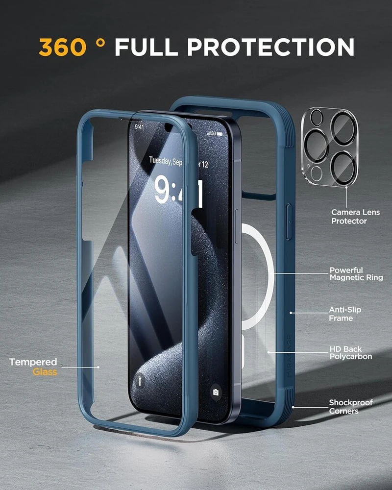Miracase 360° dėklas, skirtas iphone 15 pro max (6,7 colio), magnetinis su įmontuotu stikliniu ekrano ir kameros apsaugos elementu, visiška apsauga, mobiliojo telefono dėklas, atsparus smūgiams, apsauginiai dangteliai, mėlynas