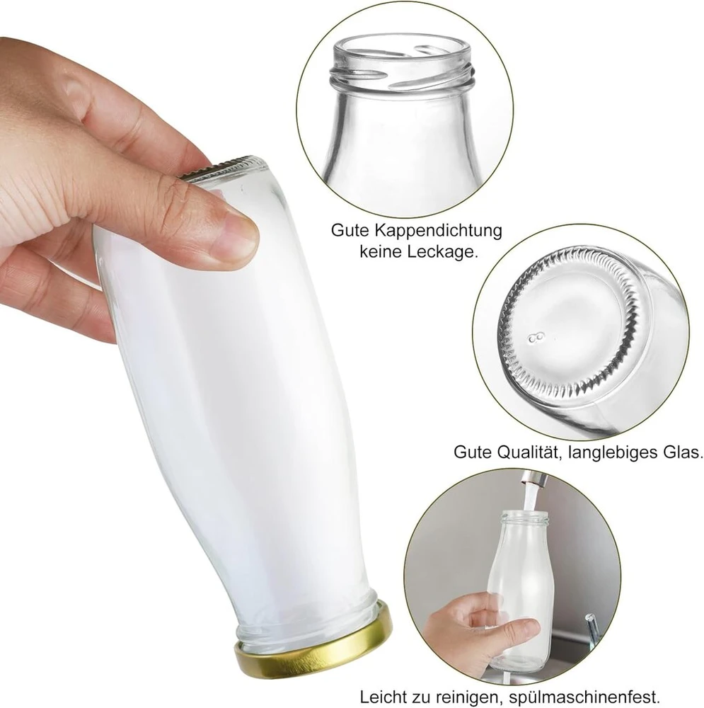 Mispudin 4 stikliniai pieno buteliai 330 ml, stikliniai buteliai su piltuvėliu, etikete, šiaudeliu ir šepetėliu