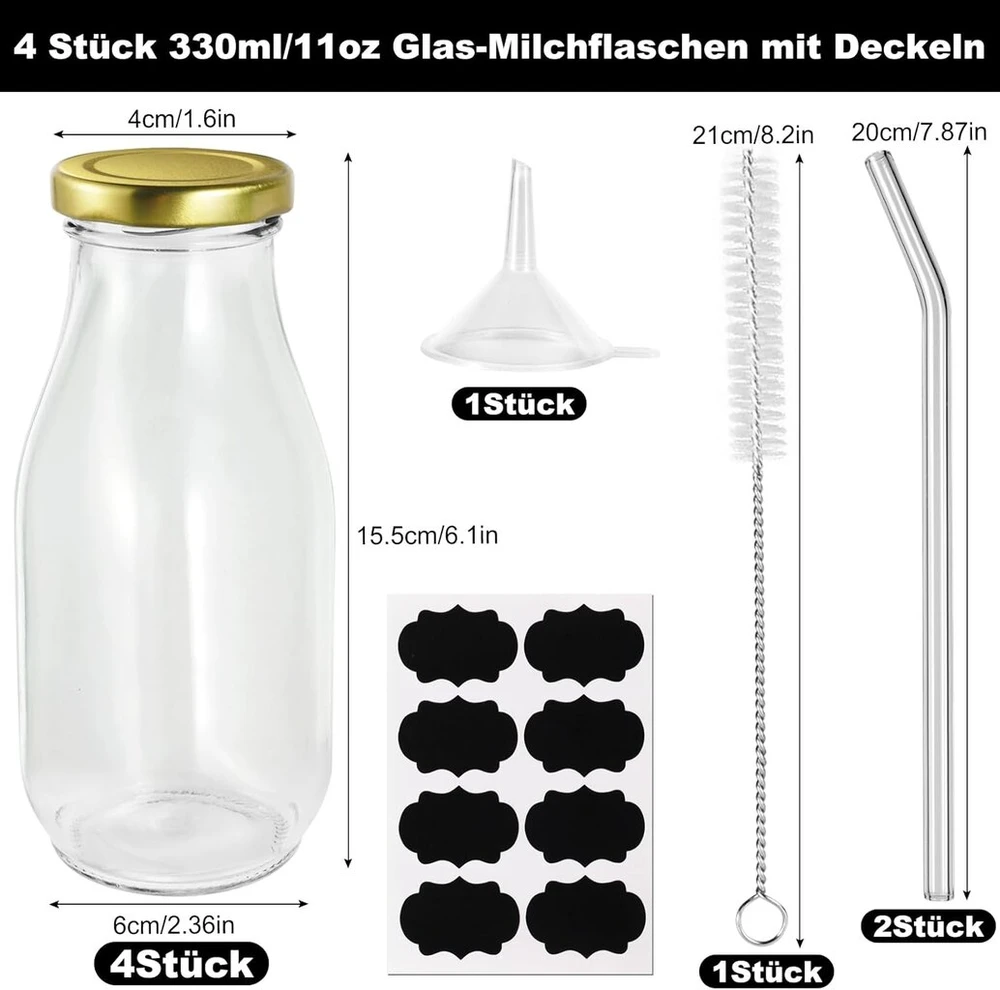 Mispudin 4 stikliniai pieno buteliai 330 ml, stikliniai buteliai su piltuvėliu, etikete, šiaudeliu ir šepetėliu