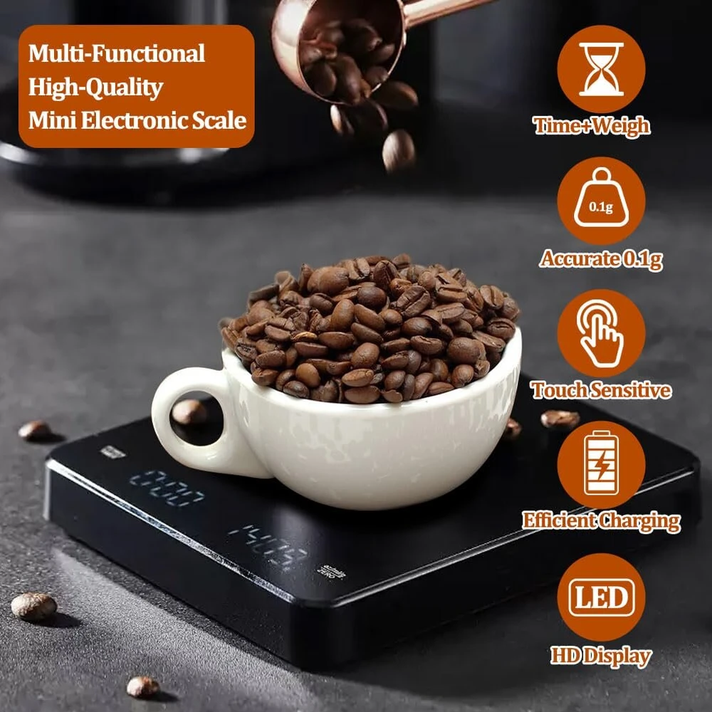 Miuuipi mini kavos svarstyklės su laikmačiu, įkraunamos espresso svarstyklės, 3kg / 0,1 g tikslios svarstyklės espresso, su led ekranu, nešiojamos skaitmeninės virtuvinės svarstyklės su automatiniu laiko skaičiavimu