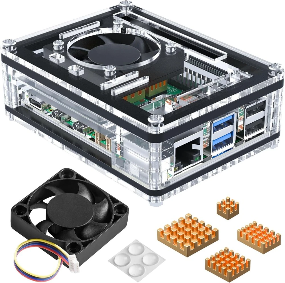 Miuzei dėklas, skirtas raspberry pi 5, rasberry pi 5 dėklas su 4 variniais radiatoriais ir 40 x 10 mm pwm ventiliatoriumi, aktyvios ir pasyvios šilumos išsklaidymo balansas, skirtas raspi 5 4gb 8gb, skaidrus akrilas