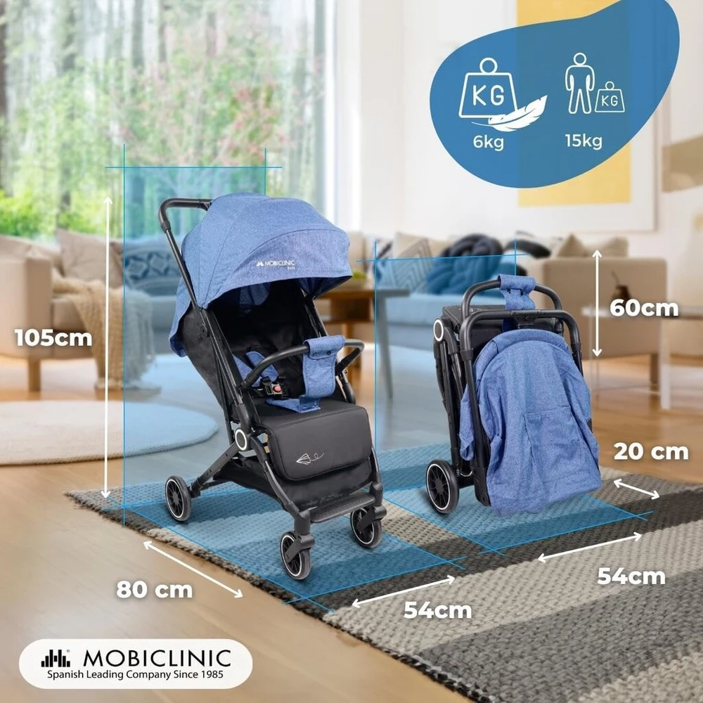 Mobiclinic® Kids vežimėlis, itin kompaktiškas, trip, 5 taškų diržas, rankena, krepšys, europietiškas prekės ženklas, 0-36 mėn., pilnai reguliuojamas, viena rankena, sulankstomas stogelis, užrakinami stabdžiai, 360º ratai