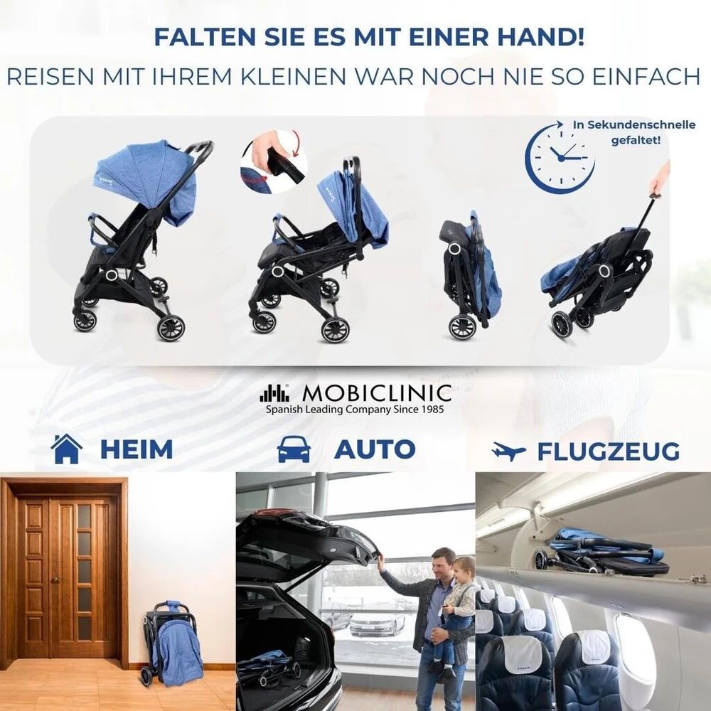 Mobiclinic® Kids vežimėlis, itin kompaktiškas, trip, 5 taškų diržas, rankena, krepšys, europietiškas prekės ženklas, 0-36 mėn., pilnai reguliuojamas, viena rankena, sulankstomas stogelis, užrakinami stabdžiai, 360º ratai