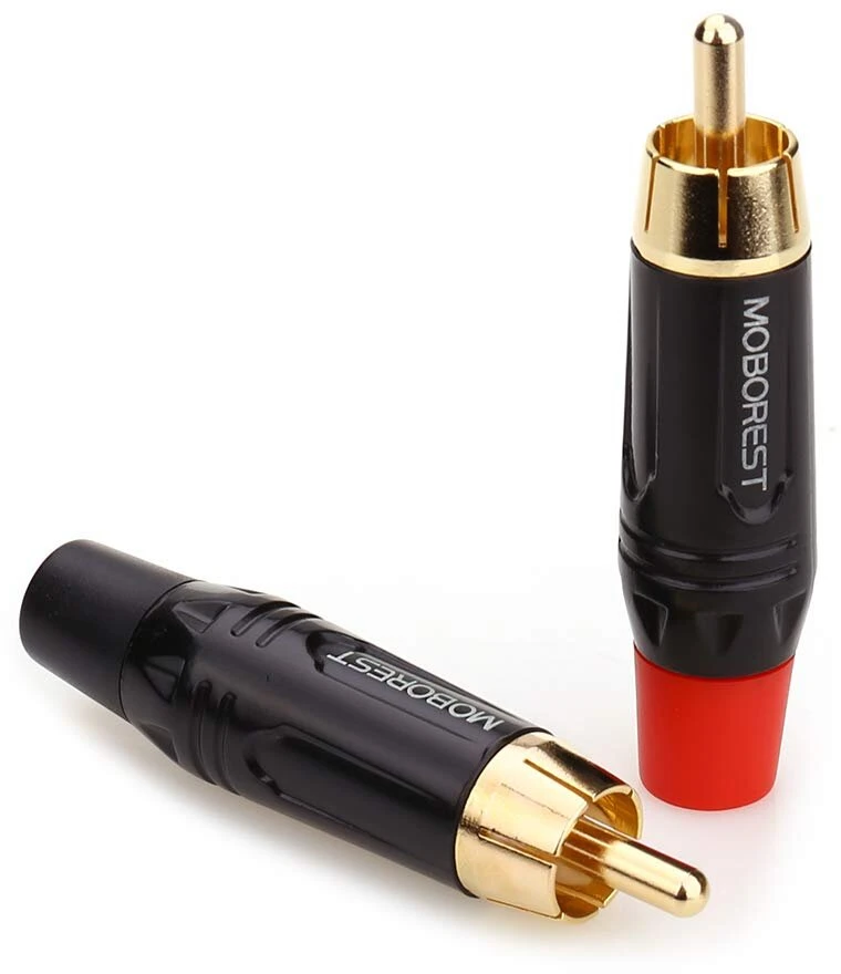 Moborest rca kištuko adapteris audio phono paauksuotas litavimo kištukas rca male 2 vnt rca male-juodas-2p