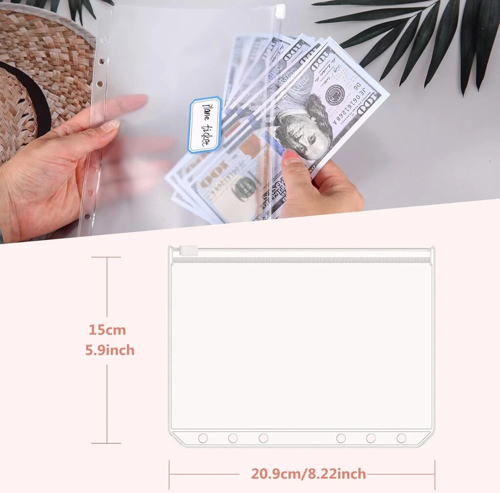 Moinkerin A5 formato segtuvų kišenės, 12 vnt., 6 skylės, permatomos pvc segtuvų užtrauktuku užsegamos kišenės, atsparios vandeniui, skirtos A5 formato užrašų knygutėms, segtuvų dokumentams, užrašinėms, kortelėms