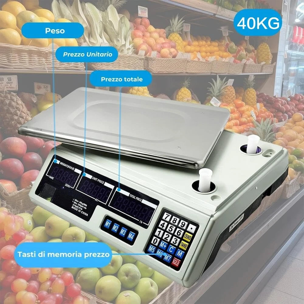 Virtuvinės svarstyklės Mokeka Profesionalios elektroninės svarstyklės 40 kg su Lcd ekranu ir nerūdijančio plieno plokšte, idealiai tinka maistui, virtuvei, prekybai, įkraunama baterija