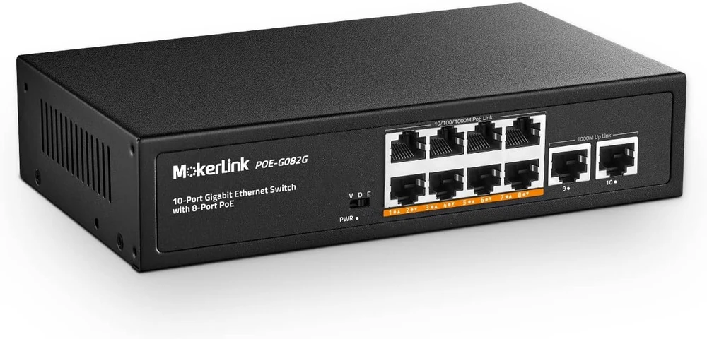 Mokerlink 10 prievadų gigabitinis poe komutatorius, 8 ge poe+, 2 ge uplink, 10/100/1000 mbps, 120w 802.3af/at poe, be ventiliatoriaus plug & play ethernet komutatorius