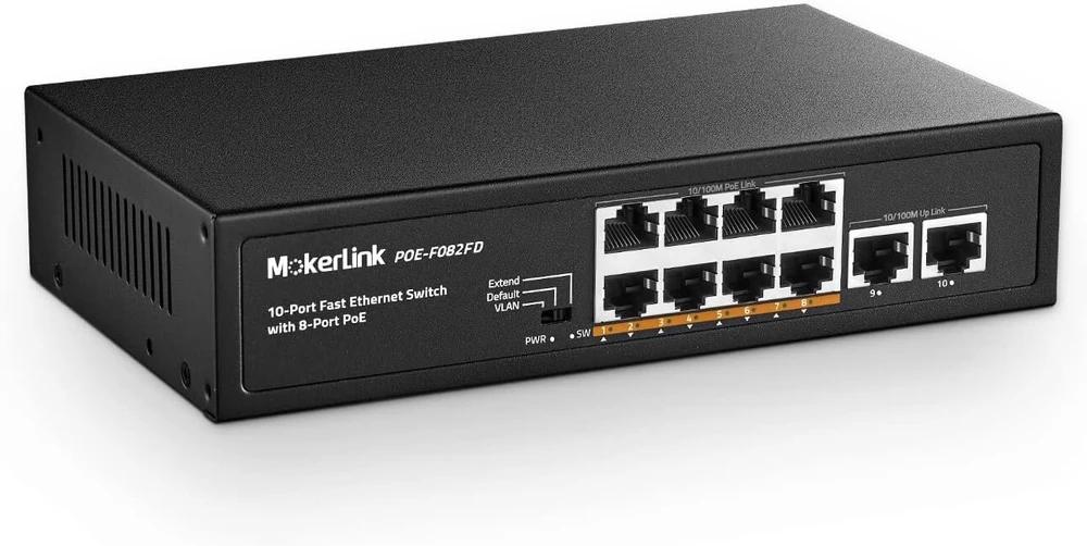 Mokerlink 10 prievadų poe komutatorius su 8 poe+ prievadais, 2 fast ethernet uplink, 100 mbps, 96w 802.3af/at poe, be ventiliatoriaus plug & play ethernet komutatorius