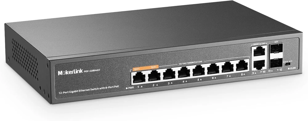 Mokerlink 12 prievadų Gigabit Poe jungiklis, 8 Poe+, 2 Sfp
