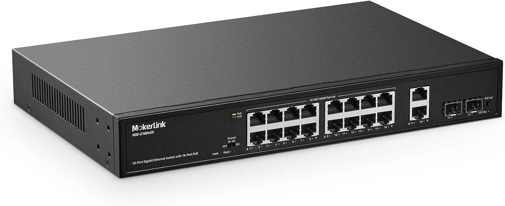 Mokerlink 20 prievadų gigabitinis poe jungiklis, 16 gigabitinių poe+ prievadų, 2 gigabitų uplink, 2 gigabitų sfp, 200w ieee802.3af/at, metalinis montuojamas į stelažą nevaldomas plug and play ethernet jungiklis