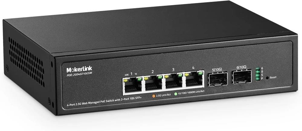 Mokerlink 4 prievadų 2.5g Poe valdomas komutatorius su 2 prievadų 10g Sfp+ lizdu, Ieee8023af/at Poe 78w, mini dydžio metalinis be ventiliatoriaus, lengvai valdomas internetu tinklo komutatorius