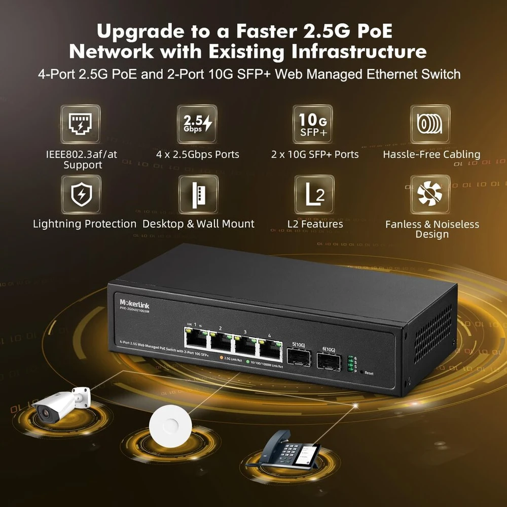 Mokerlink 4 prievadų 2.5g Poe valdomas komutatorius su 2 prievadų 10g Sfp+ lizdu, Ieee8023af/at Poe 78w, mini dydžio metalinis be ventiliatoriaus, lengvai valdomas internetu tinklo komutatorius