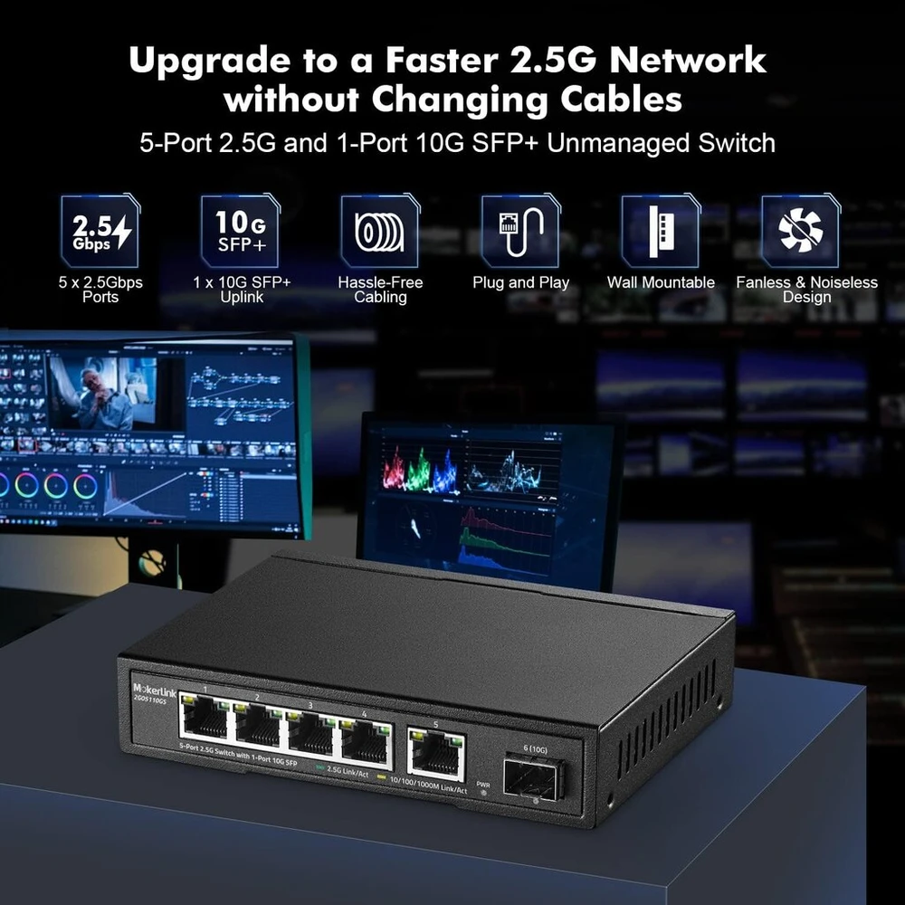 Mokerlink 5 prievadų 2.5g ethernet komutatorius su 10g Sfp, 5 x 2.5g Base-t prievadai, suderinami su 10/100/1000mbps, metalinis nevaldomas ventiliatoriaus neturintis tinklo komutatorius