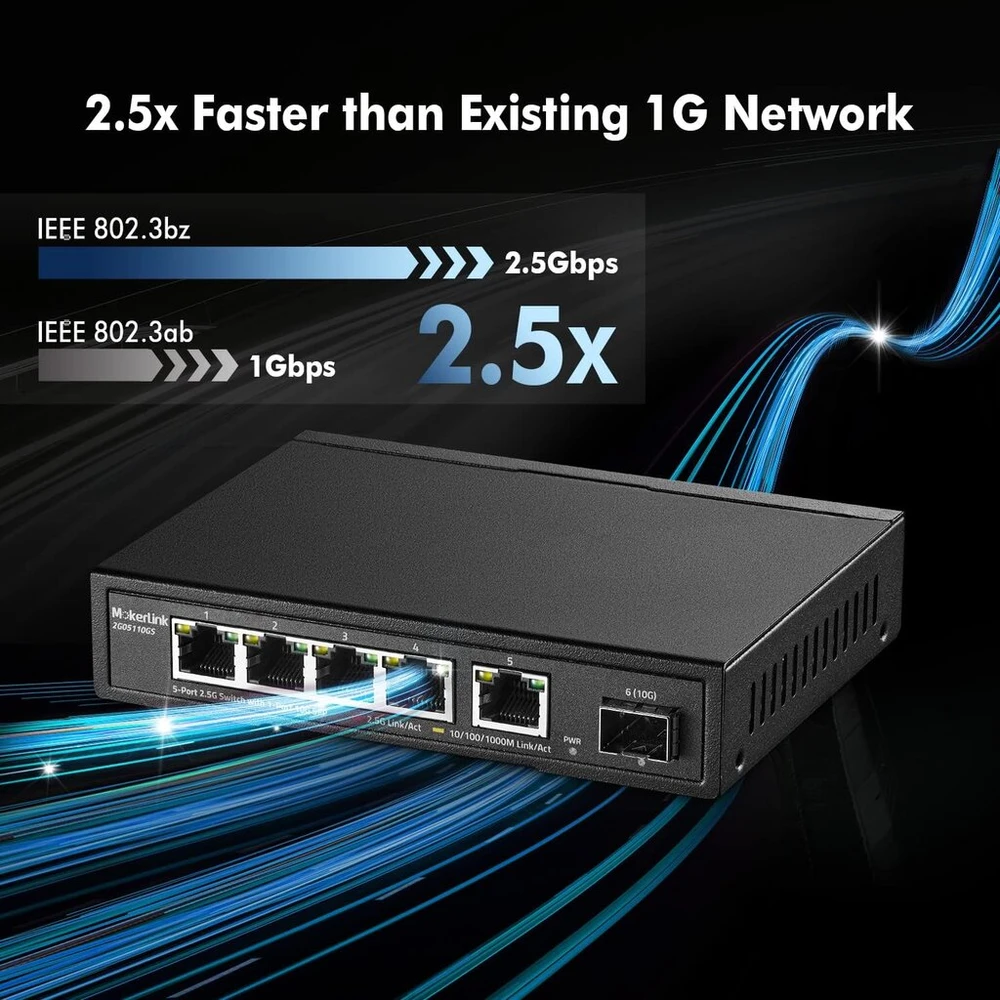 Mokerlink 5 prievadų 2.5g ethernet komutatorius su 10g Sfp, 5 x 2.5g Base-t prievadai, suderinami su 10/100/1000mbps, metalinis nevaldomas ventiliatoriaus neturintis tinklo komutatorius
