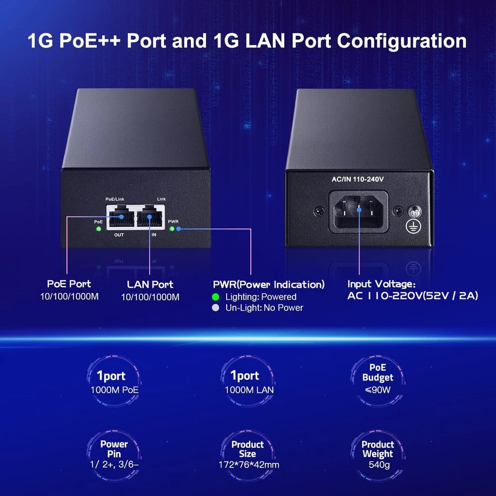 Mokerlink Gigabit Poe injektorius, 802.3af/at/bt 90w, 10/100/1000mbps Ethernet, Plug & Play, ne Poe į Poe adapteris, atstumas iki 100 metrų (328 pėdų)