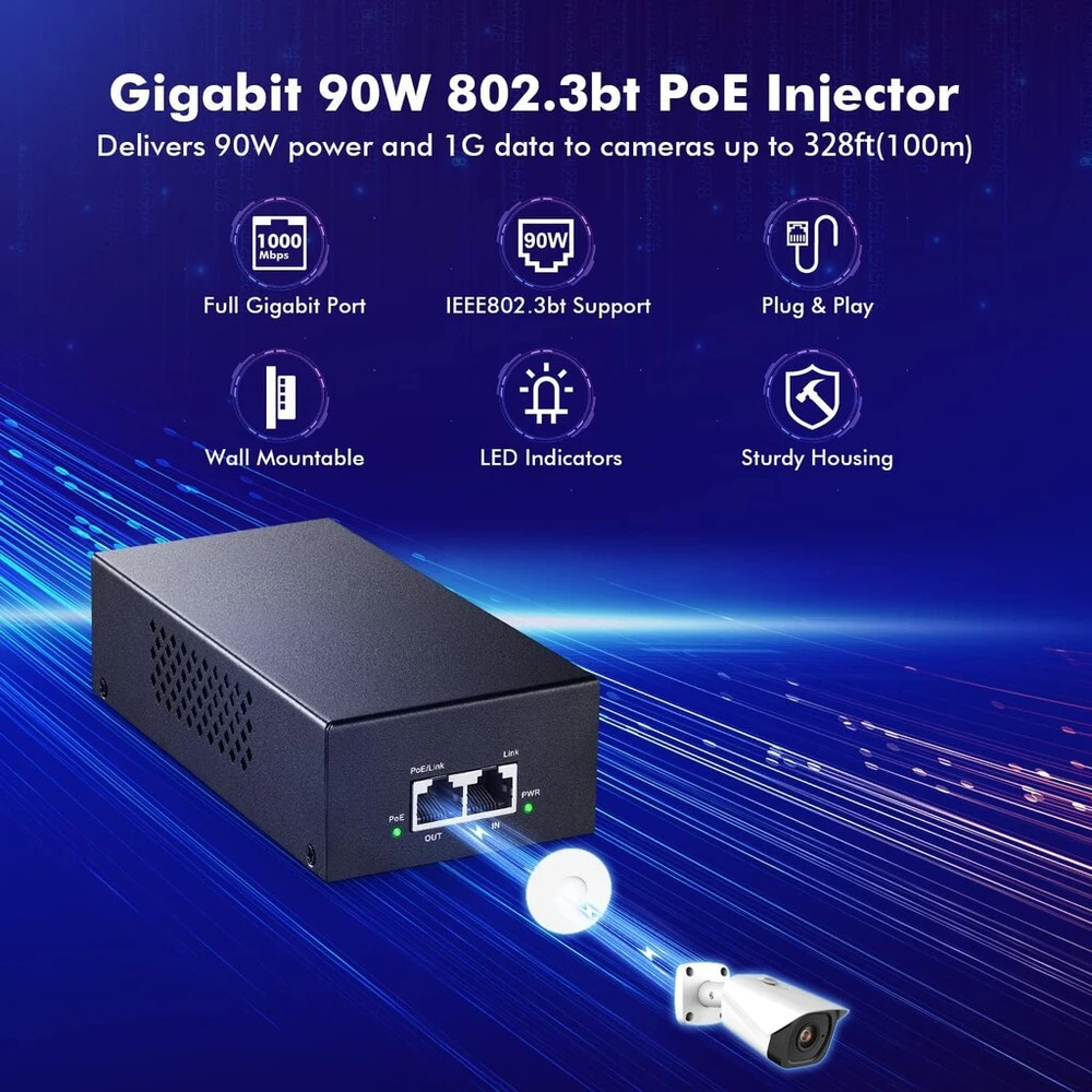Mokerlink Gigabit Poe injektorius, 802.3af/at/bt 90w, 10/100/1000mbps Ethernet, Plug & Play, ne Poe į Poe adapteris, atstumas iki 100 metrų (328 pėdų)