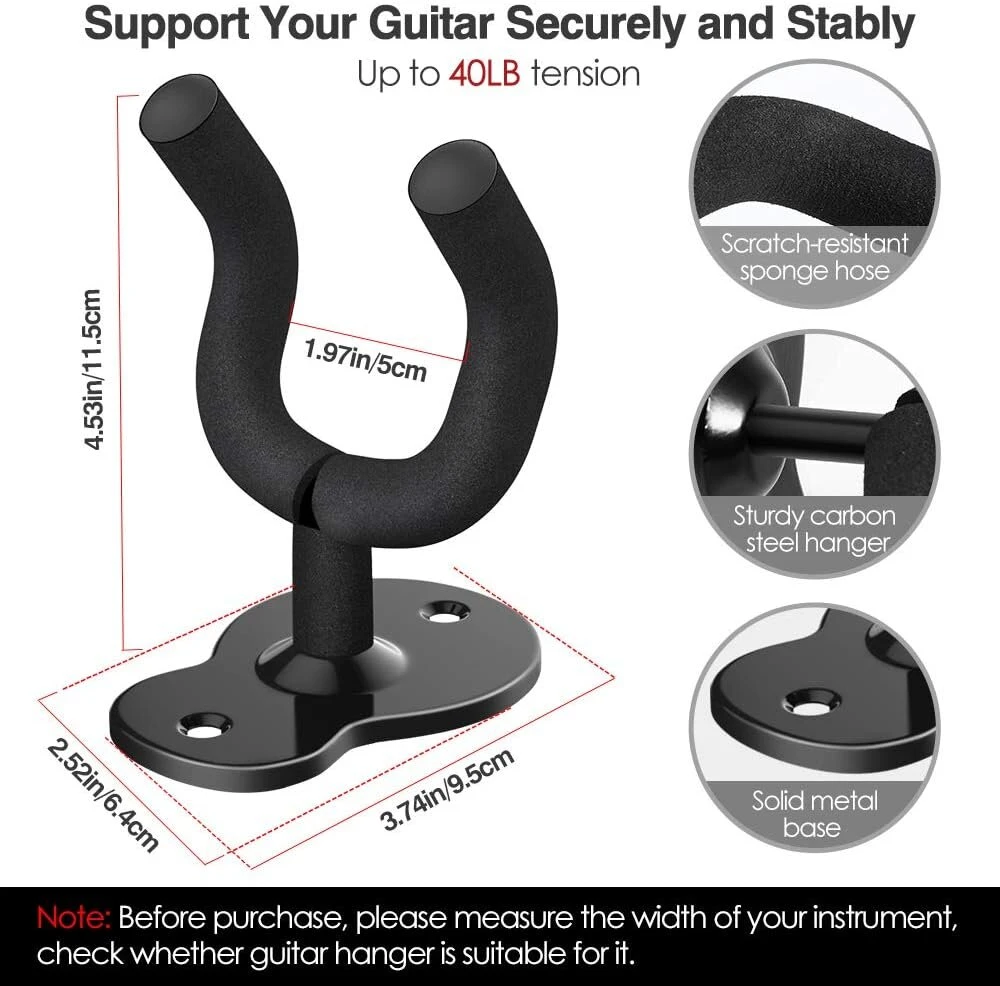 Moko gitaros sieninis laikiklis, metalinis gitaros sieninis laikiklis gitaros kabliukas sieninis gitaros laikiklis gitaros stovas bosinei akustinei gitarai elektrinei gitarai ukulele (3 vnt., juodas)