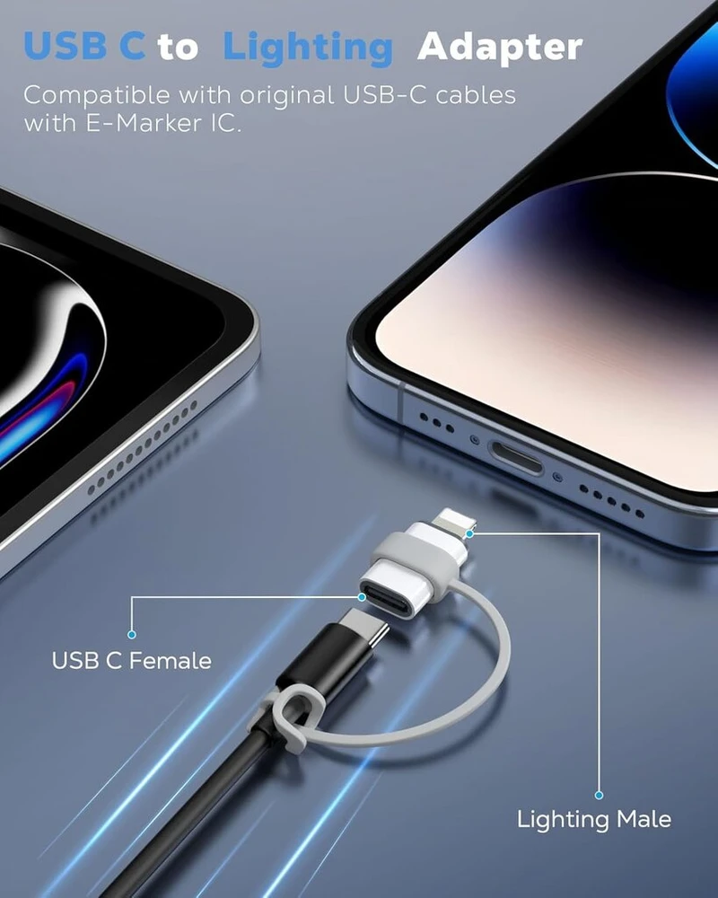 Moko usb c į lightning adapteris 2 vnt., adapteris usb c į lightning su greitu įkrovimu ir apsaugos nuo pametimo virvele, skirtas iphone 14/13/12/11/x, pad pro/air 5/mini 6, pod nano/touch, netinka audio/otg, baltas
