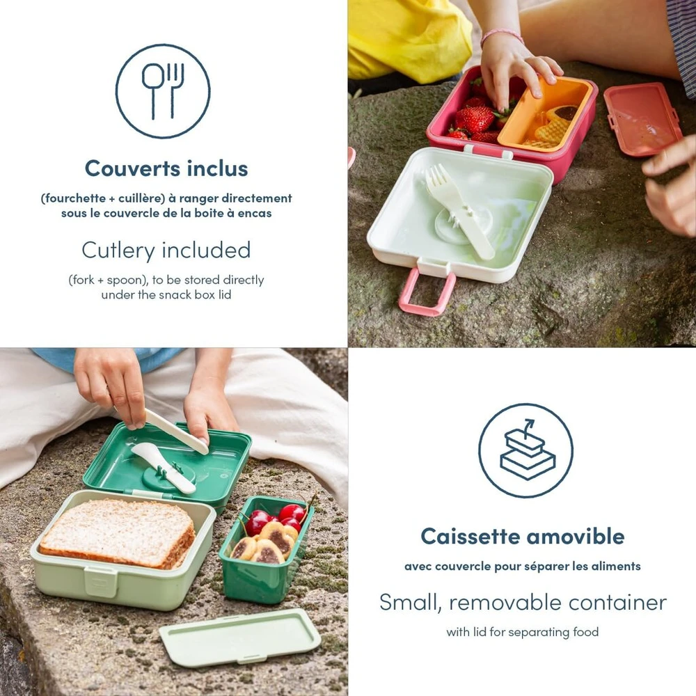 Monbento - vaikiška priešpiečių dėžutė su skyreliais Snacky Mėlyna Dino - užkandžių dėžutė vaikams sumuštiniams - su įrankiais - personalizuota priešpiečių dėžutė vaikams - idealiai tinka mokyklai/iškyloje - be Bpa