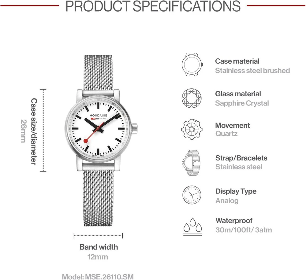 Mondaine Evo2 Moteriškas Laikrodis 26mm Sidabrinis, Atsparus Vandeniui