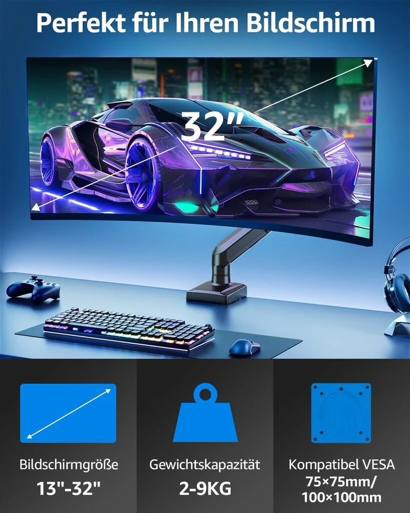 Monitorius Elived Ev6011b žaidimų monitoriaus laikiklis 13–32 colių ekranams (2–9kg), reguliuojamo aukščio dujinė spyruoklė su Vesa 75/100 mm, pakreipiamas/pasukamas/360° pasukamas