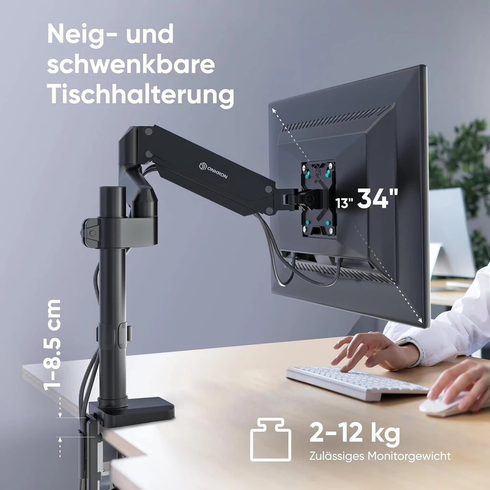 Monitorius Onkron monitoriaus laikiklis stalui, skirtas 13–34 colių ekranams iki 12 kg, monitoriaus laikiklis su dujiniu pakėlimu, vesa 75 x 75 ir 100 x 100, stalo monitoriaus laikiklis su pasukimu, pakreipimu, sukiojimu, juodas g75-b