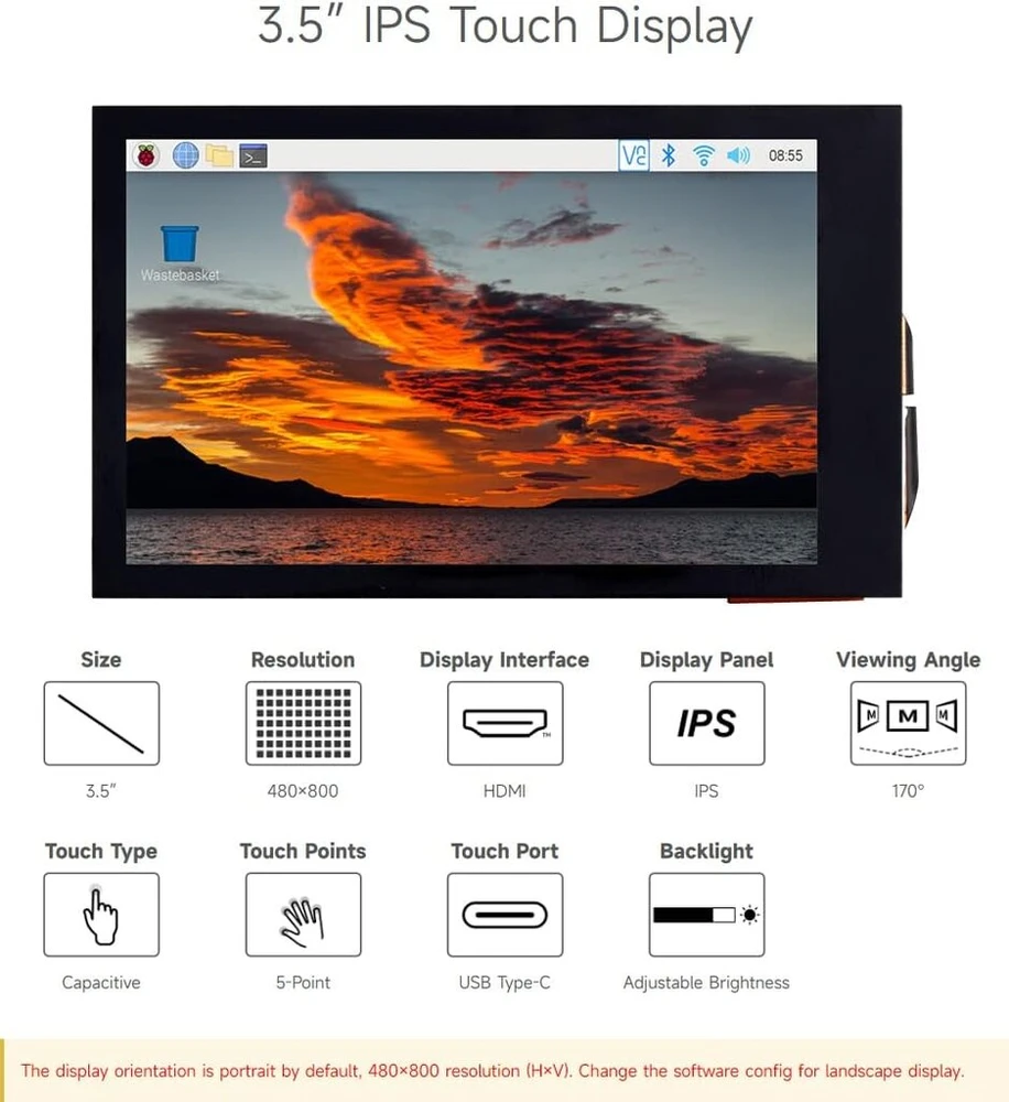 Monitorius Waveshare 3.5 colių ips capacitive touch lcd ekranas, 480 x 800 rezoliucija, 5 taškų lietimo hdmi ekranas, reguliuojamas ryškumas, suderinamas su raspberry pi/jetson nano/pc windows 11/10/8.1/8/7