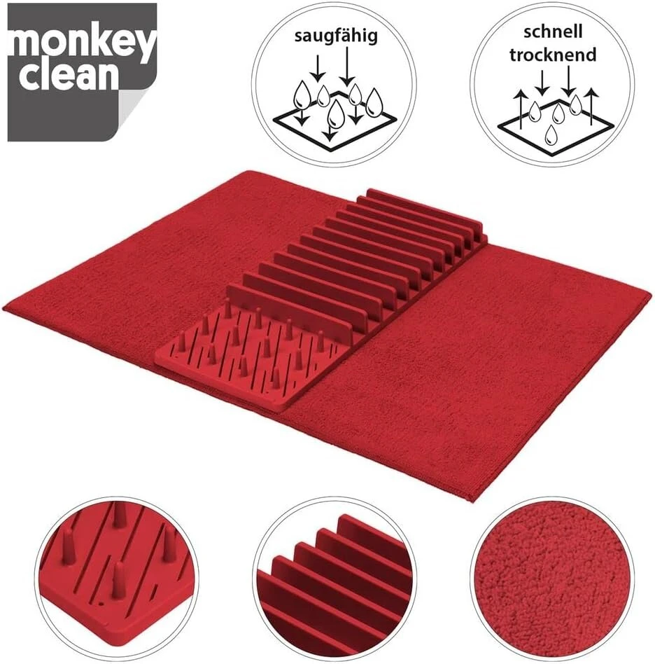 Monkey Clean® Indų džiovinimo rinkinys, sulankstomas džiovinimo stovas, džiovinimo kilimėlis su džiovinimo stovu, indų džiovintuvas, indų džiovintuvas virtuvei, spalva: raudona