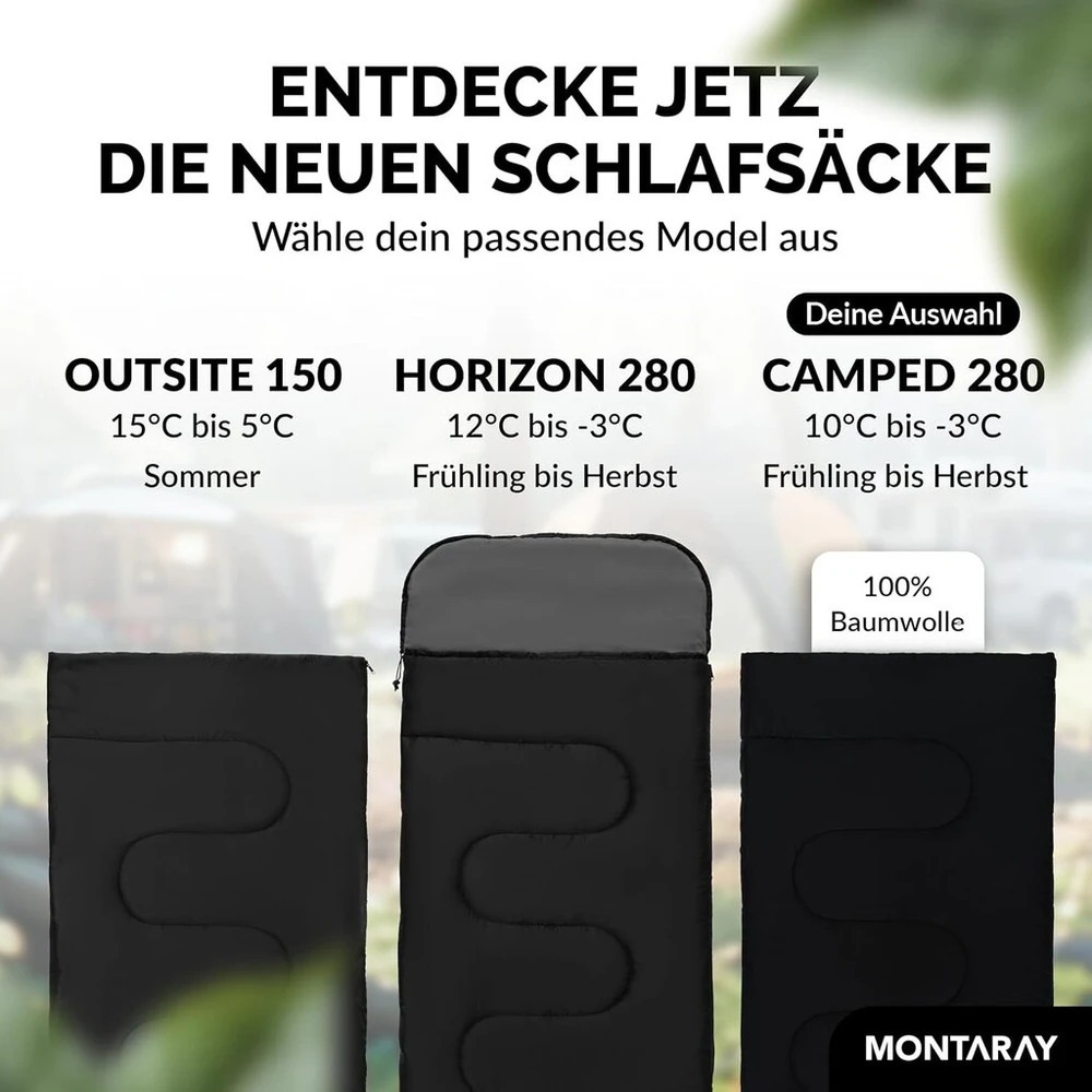 Montaray Antklodės tipo miegmaišis Cotton 3-4 sezonų [280 Gsm] lauko miegmaišis stovyklavimui su pagalve