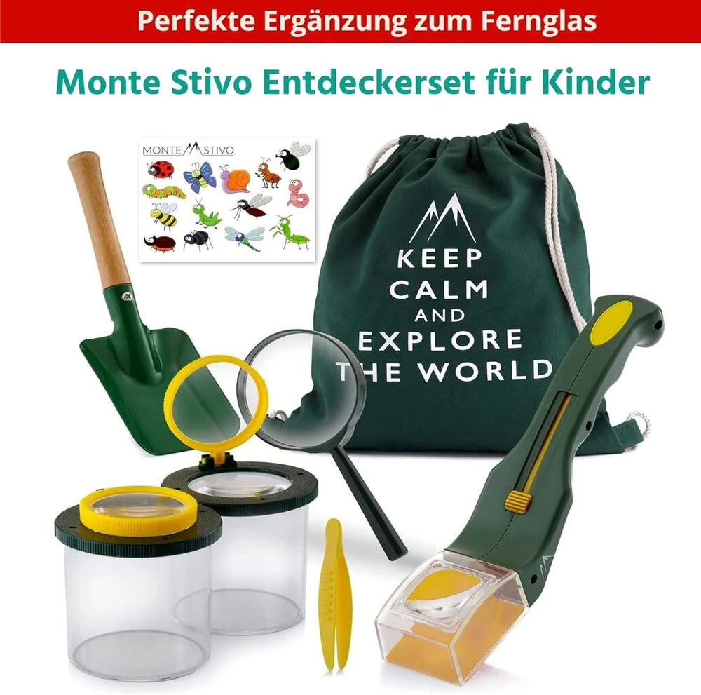 Monte Stivo® Junior žiūronai vaikams, 8x21 su didinamuoju stiklu ir kompasu, palyginimo nugalėtojas, dovanų rinkinys, žaislas berniukams ir mergaitėms nuo 4 metų