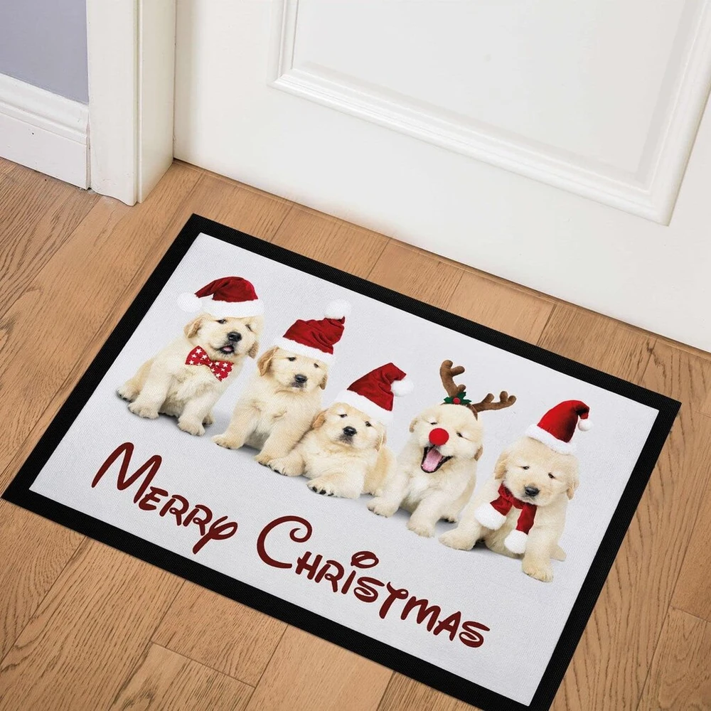 Moonworks® Durų kilimėlis Kalėdiniai šunys su Kalėdine kepure Merry Christmas Neslystantis ir plaunamas juodas 60 x 40 cm