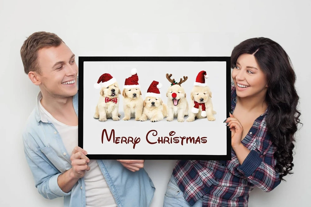 Moonworks® Durų kilimėlis Kalėdiniai šunys su Kalėdine kepure Merry Christmas Neslystantis ir plaunamas juodas 60 x 40 cm
