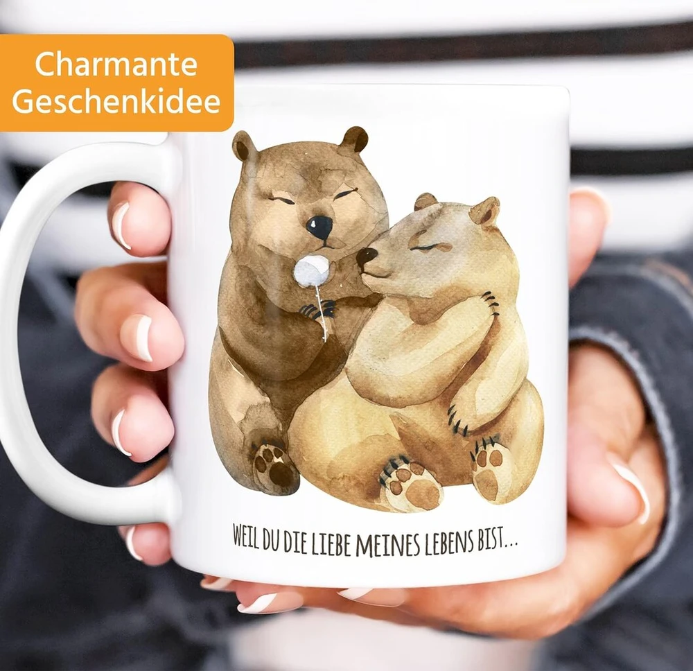 Moonworks® puodelis su meškiuku 'love My Life', dovana su meile, kavos puodelis su meilės posakiais, baltas, vienas dydis