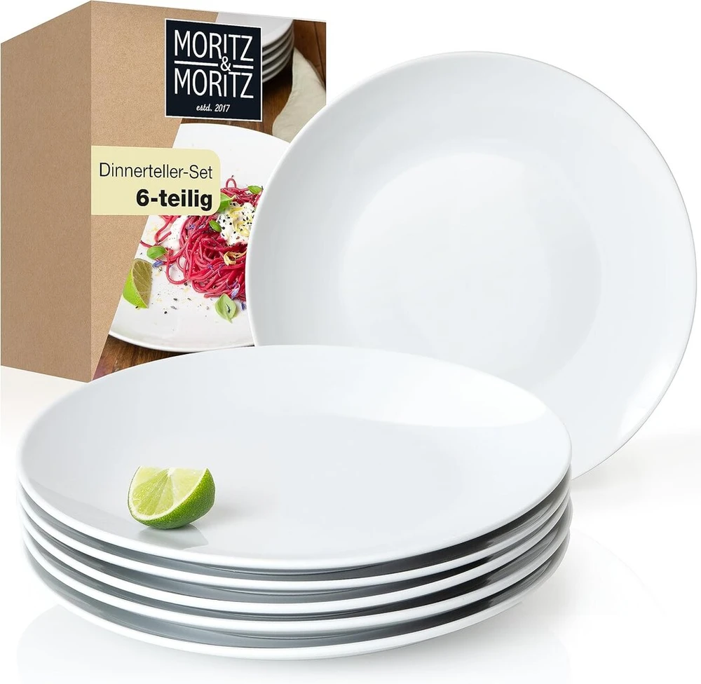 Moritz & Moritz Basic lėkščių rinkinys 6 asmenims, modernus, skersmuo 27 cm, aukštos kokybės porceliano indų rinkinys, baltas, plokščios lėkštės, 6 vnt. rinkinys, puikiai tinka kaip vakarienės lėkštės, stalo įrankiai ir serviravimo lėkštės