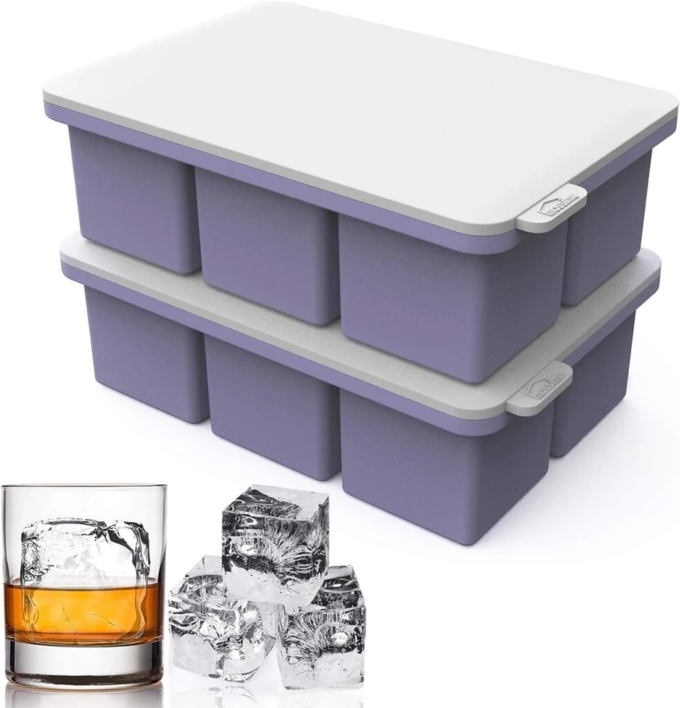 Mossime silikoninė ledo kubelių forma su dangteliu, didelė ledo kubelių forma, 5 cm, 6 skyriai, 2 vnt., silikoninė ledo kubelių forma, be Bpa, ledo kubelių formelės kokteiliams, viskiui, arbatai, kavai