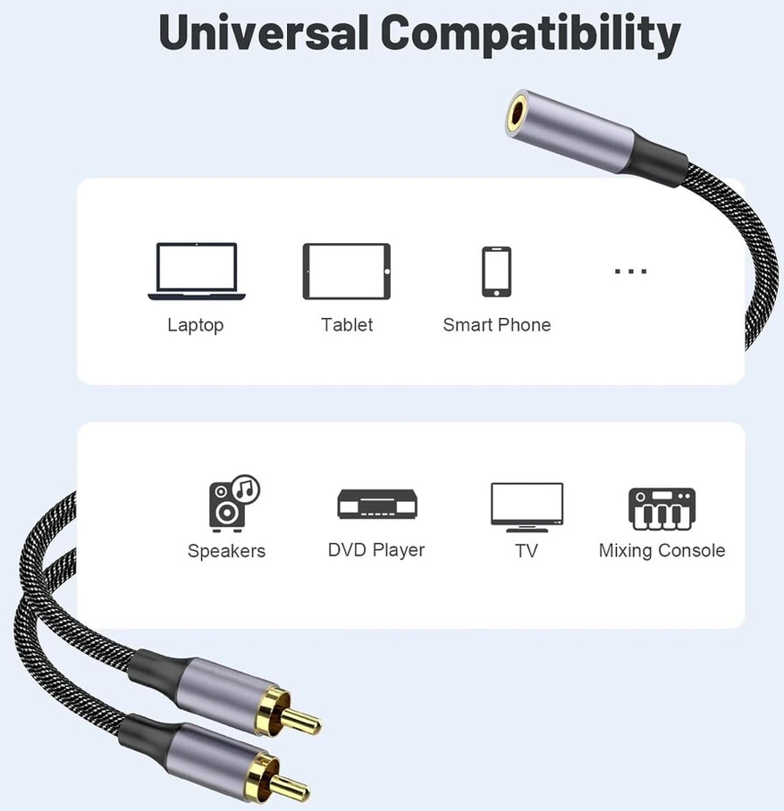 Moswag 3.5 mm į Rca stereo audio kabelis, 25 cm 3.5 mm moteriška jungtis į 2 Rca stereo audio kabelį paauksuotas skirtas Tv, išmaniajam telefonui, Mp3, planšetiniam kompiuteriui, garsiakalbiui, namų kinui