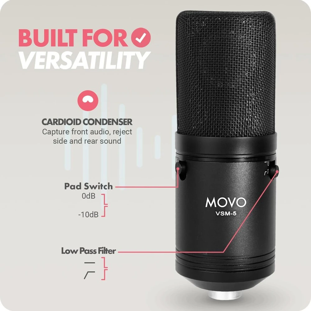 Movo Vsm-5 xlr studijinis kondensatorinis mikrofonas su amortizatoriumi, pop filtru ir xlr kabeliu – idealus mikrofonas vokalams, podcast'ams, transliacijoms, transliavimui, asmr ir kt.