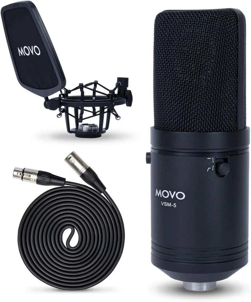 Movo Vsm-5 xlr studijinis kondensatorinis mikrofonas su amortizatoriumi, pop filtru ir xlr kabeliu – idealus mikrofonas vokalams, podcast'ams, transliacijoms, transliavimui, asmr ir kt.