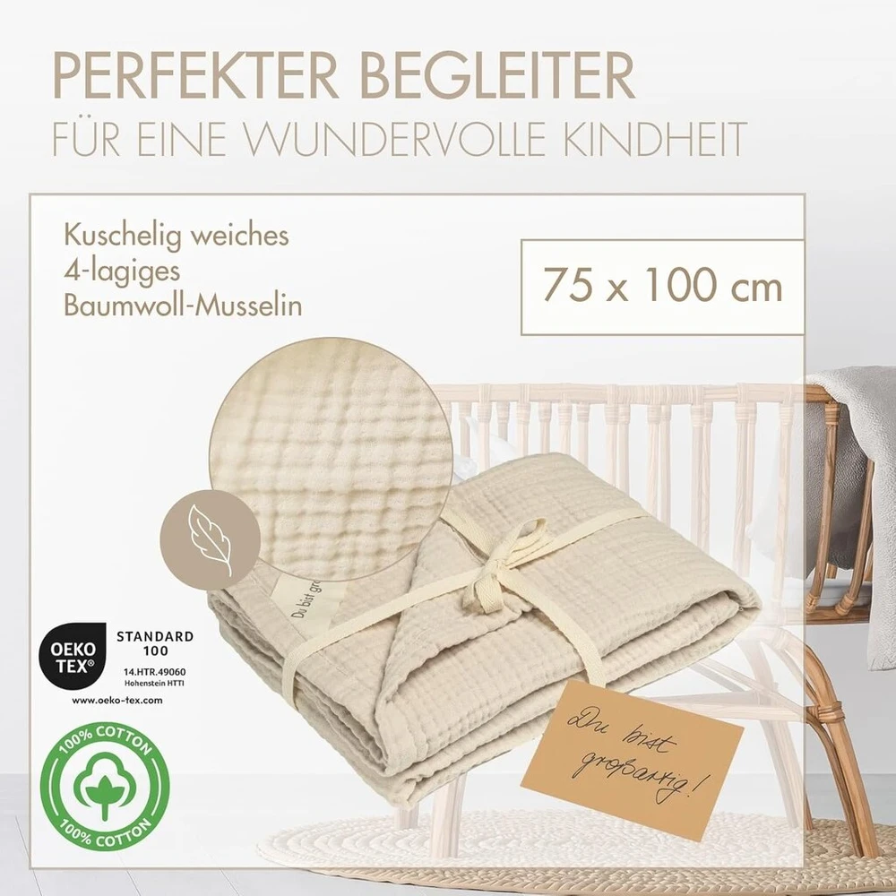 Moyo muslininis kūdikio pledas soft desert sand I 75 x 100 cm I kvėpuojantis, minkštas pledas iš medvilninio muslino I minkšta kūdikio antklodė berniukams ir mergaitėms I medvilninis pledas gimimui