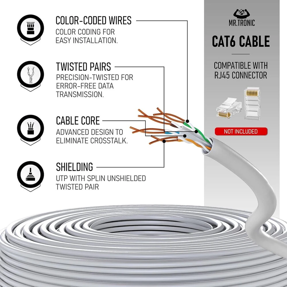 Mr. Tronic 100 m ethernet tinklo kabelis cat 6, lan tinklo kabelis greitam ir patikimam internetui, awg24 masės kabelis cat 6, didelis kabelis 1 gbps, 250 mhz, utp cca (100 metrų, pilkas)
